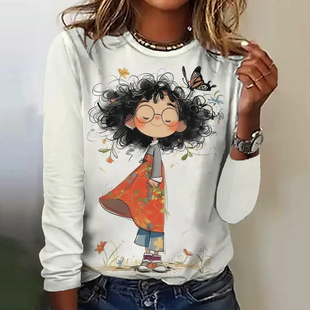 Women\'s T-Shirt Top Long Sleeved Pullover Fashion Little Girl Print Street Round-Neck Tee Shirt Female Everyday Loose Clothing