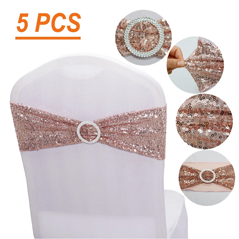 

Bow Knot Chair Straps Belt Sashes Banquet Venue Decor Satin Sequin Bling for Wedding Party Mariage Decoration 5PCS