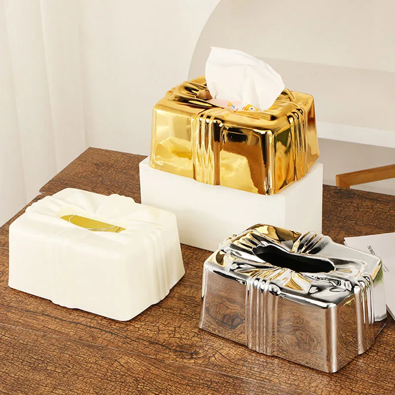 European Style Gold Plated Paper Drawer Box Vintage Square Plastic Tissue Storage Jar Living Room Hotel Dining Room Tissue Tube