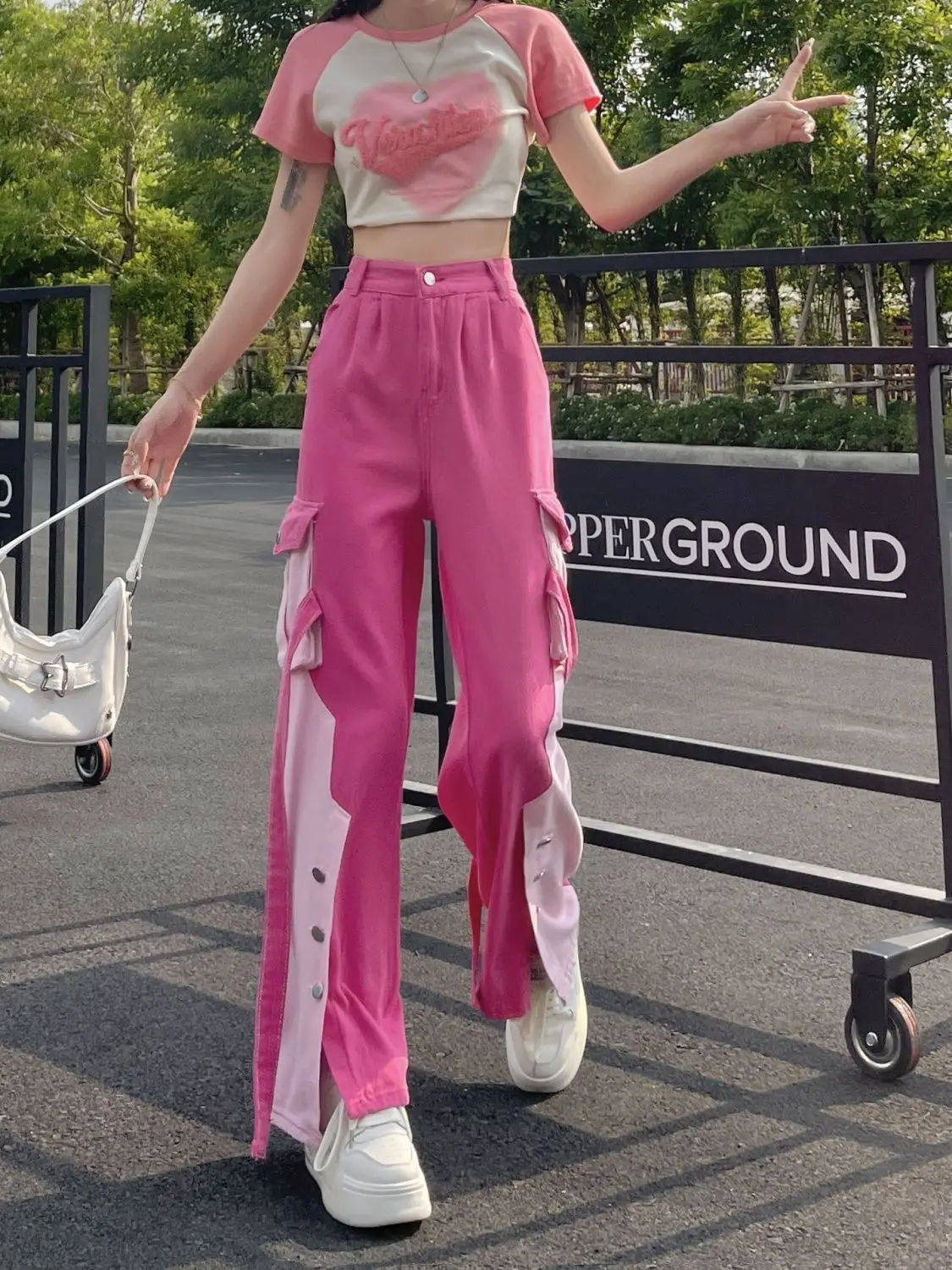 Dopamine Join Together Pink Jeans Overalls Women Pants Baggy Pants Korean Fashion High Waist Leisure Trousers