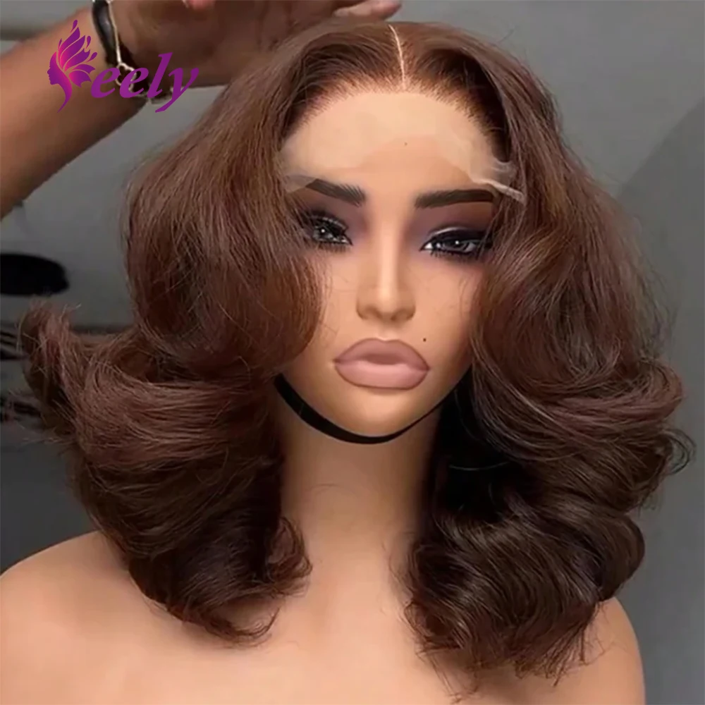 

Темно-коричневый объемная волна 13x4 Прозрачный парик шнурка Человеческие волосы Короткие парики Боб 250% Плотность Предварительно выщипанные Свободные волны Коричневый цвет Парик Боб