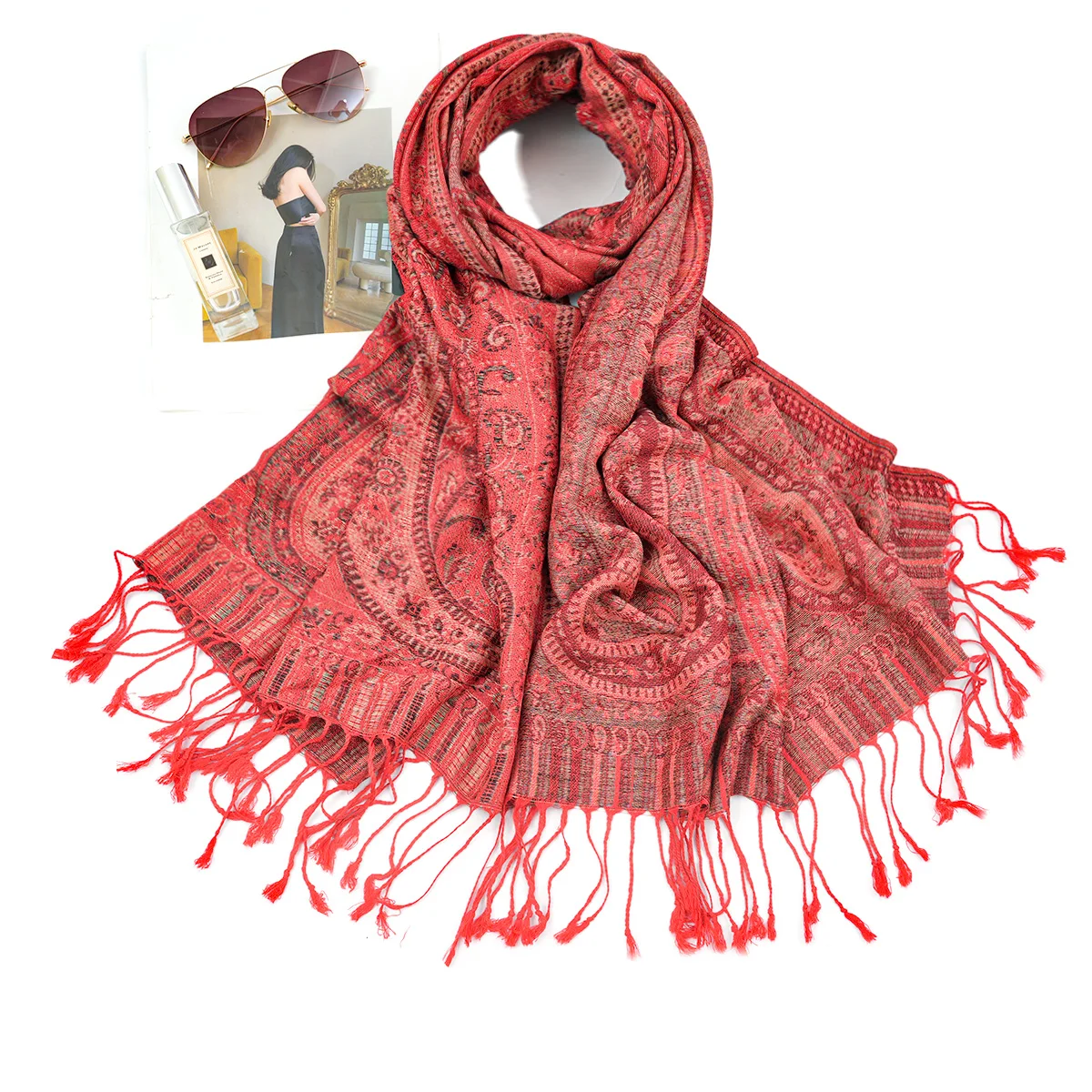 A vintage paisley cashew rayon Pashmina ethnic style fringed scarf and shawl, suitable for daily outer decoration