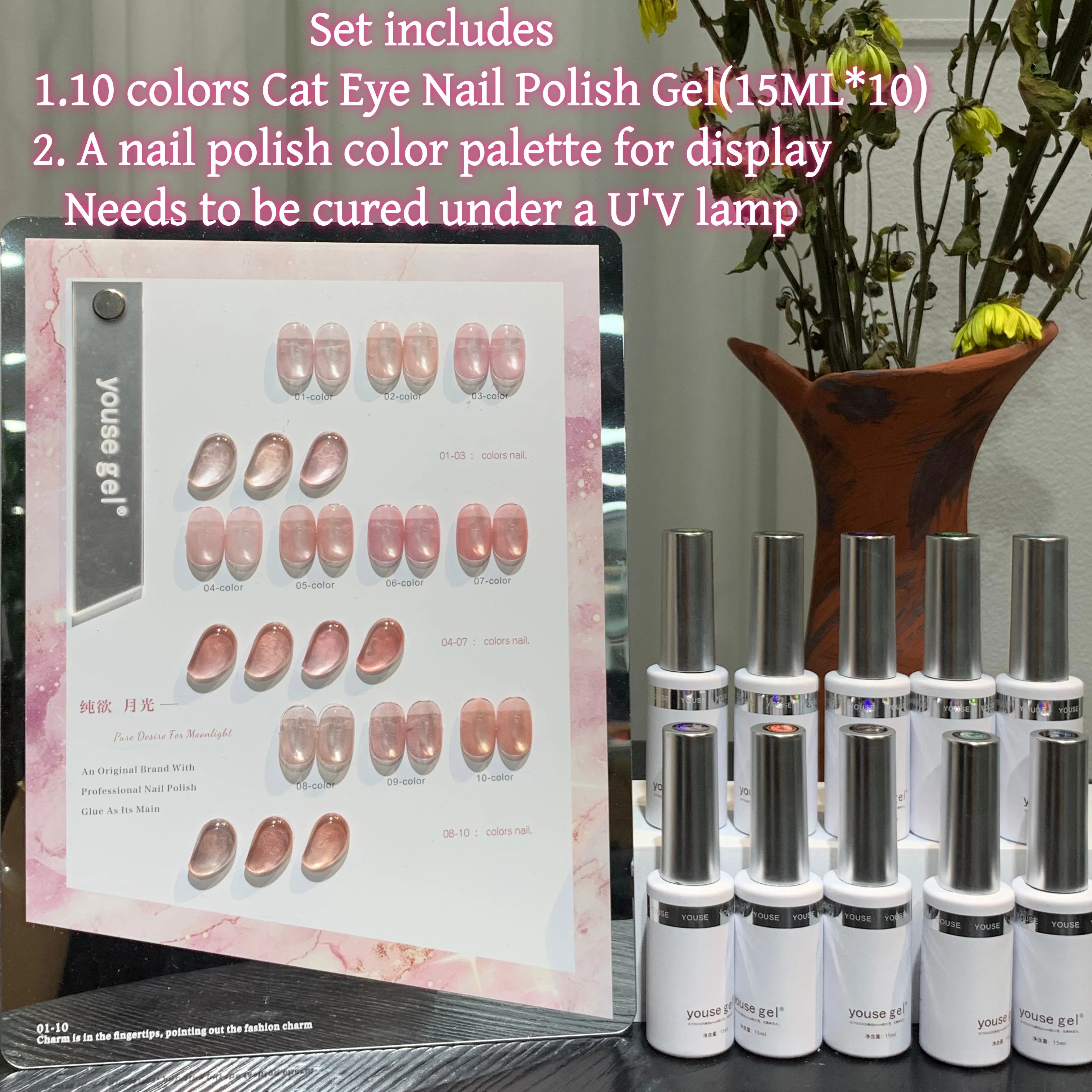 

10 Color Pure Desire Moonlight Gel Nail Polish Set, Romantic Design, Clear Natural Finish, Includes Color Chart for Display