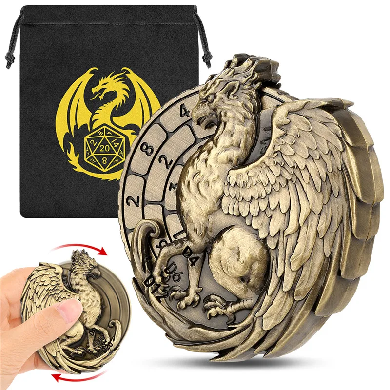 

Vintage Griffon Pattern Metal Dice Spinner 7-In-1 Dice Turnable Fingertip Roller Rpg Gaming Accessory Wedding Gift Set Bag