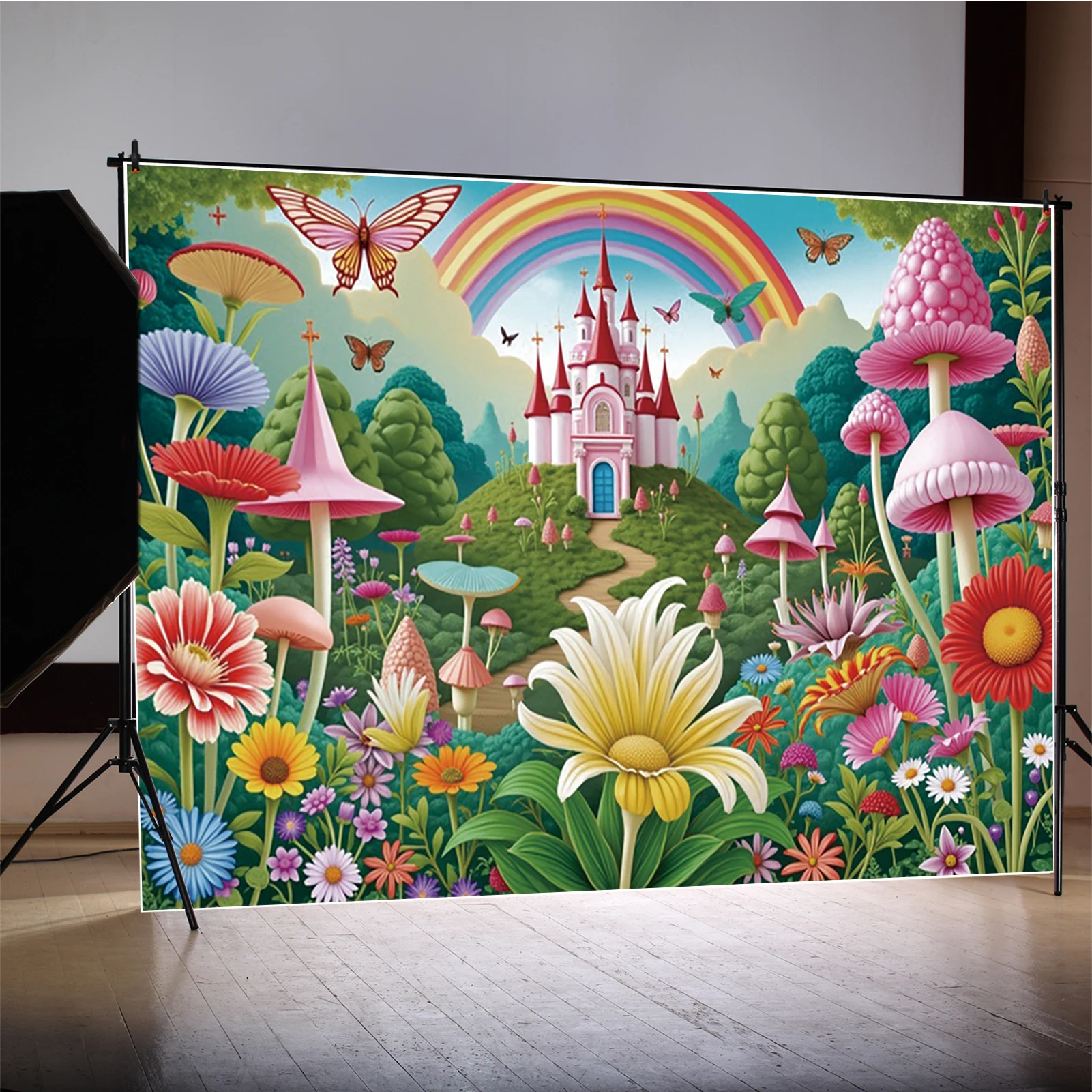 MOON.QG Princess Castle Backdrop Flower Fairy Baby Cake Smash Girl 1St Birthday Photography Background Fantasy Palace Birthday