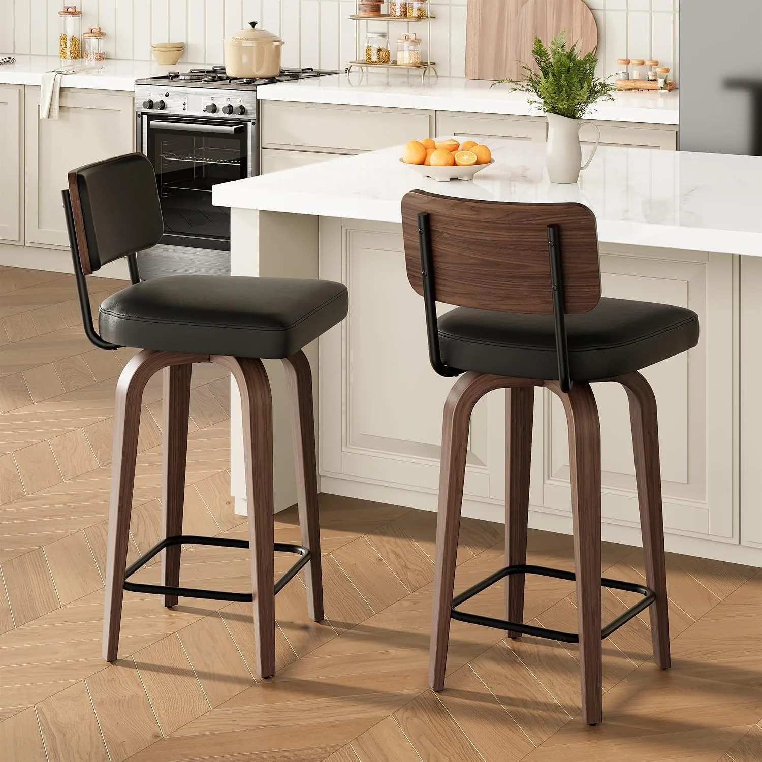 26 Inch Swivel Counter Height Bar Stools Set of 2 Black PU Faux Leather Seats with Backrests Walnut Finish Wood Legs Metal Footrests and Adjustable Non Slip Feet for Kitchen Island and Home Bar