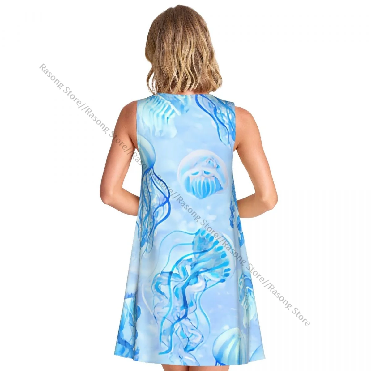 فستان نسائي صيفي كاجوال فساتين تي شيرت لتغطية الشاطئ فستان بدون أكمام بطباعة قنديل البحر