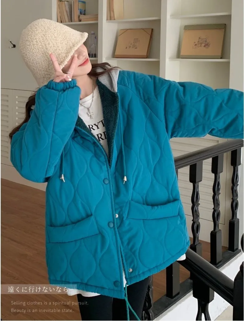 Clothes Korean Cotton-padded Jacket Women Winter O-neck Thicken Down Coat Female Loose Diamond Solid Casual Streetwear Parkas