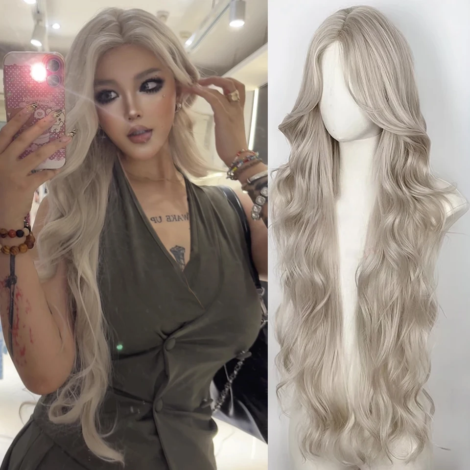 Long Wavy Synthetic Wigs For Women Middle-Part 28 inches Soft Curly Blonde Cosplay Lace Wigs Heat Resistant