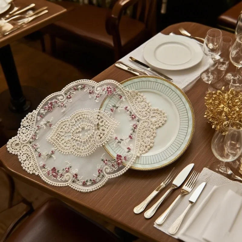 

Exquisite Vintage Lace Embroidered Doilies Oval Placemat Table Mat Coaster Dining Accessory For Home Wedding Party