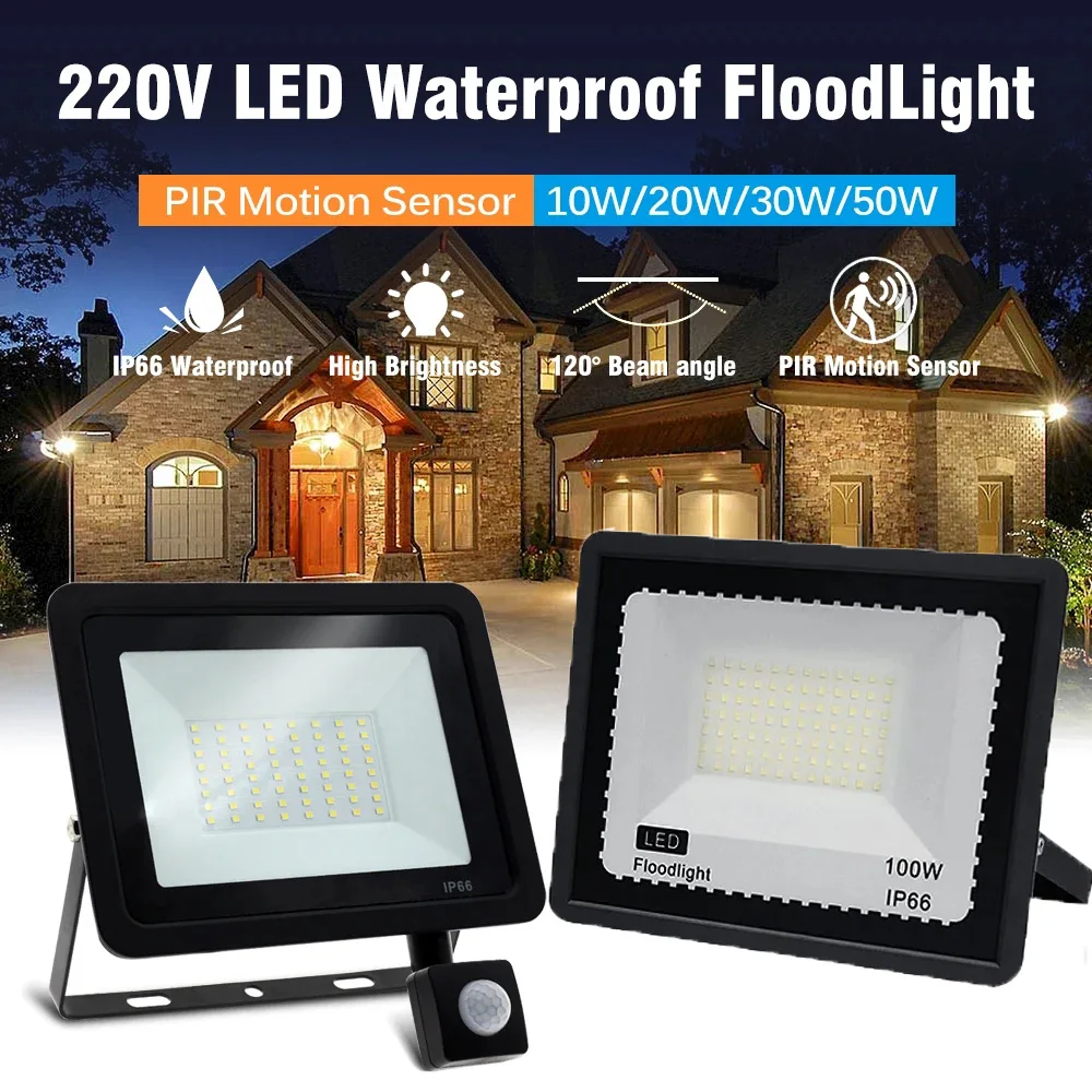 

LED Floodlight Spotlight PIR Motion Sensor White Light AC220V 100W 50W IP66 Waterproof LED Black Shell Garden Gate Wall Light