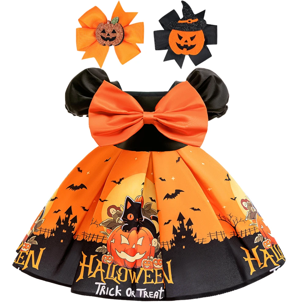 

(Dress + all accessories) Girls Halloween Pumpkin Castle Witch Dress Party Role Play Dress