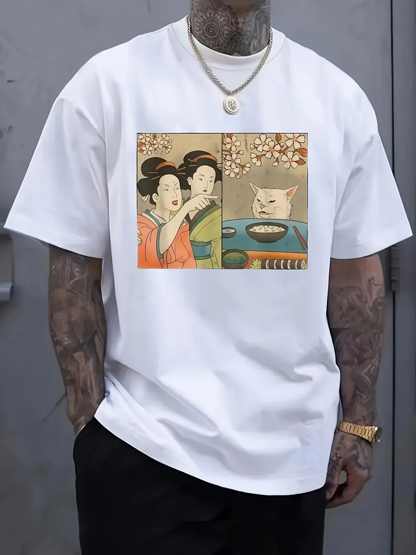 T-Shirt mit japanischer Kunst mit Motiven von Kirschblüten, einer Katze und Sushi; maschinenwaschbar und ein ideales Geschenk für Männer, Eltern und