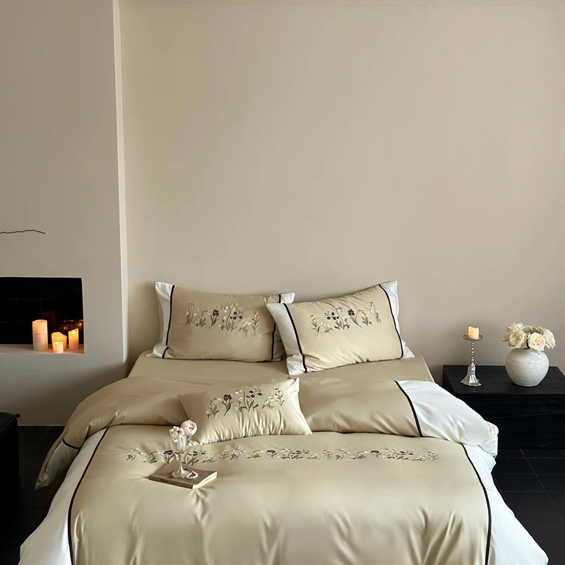 3/4Pcs Premium Egyptian Cotton Flowers Embroidery Bedding Set Single Queen King Duvet Cover Bed Sheet/Fitted Sheet Pillowcases