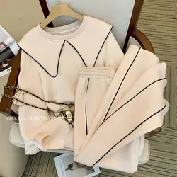 Fashion Tracksuit 2 Piece Sets Women Outfit Korean Loose Sailor Collar Crop Coat Casual Wide Leg Pants Female Sweatshirt Suit