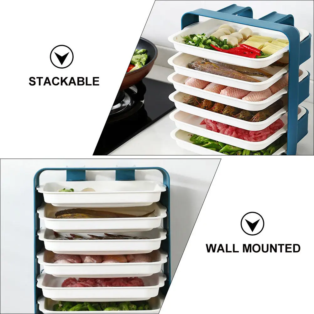 1Set Kitchen Draining Rack Blue Stackable Plastic Plates Break Resistant Side Dish Tray Hot Pot Vegetable Plate Wall-Mounted - view 4
