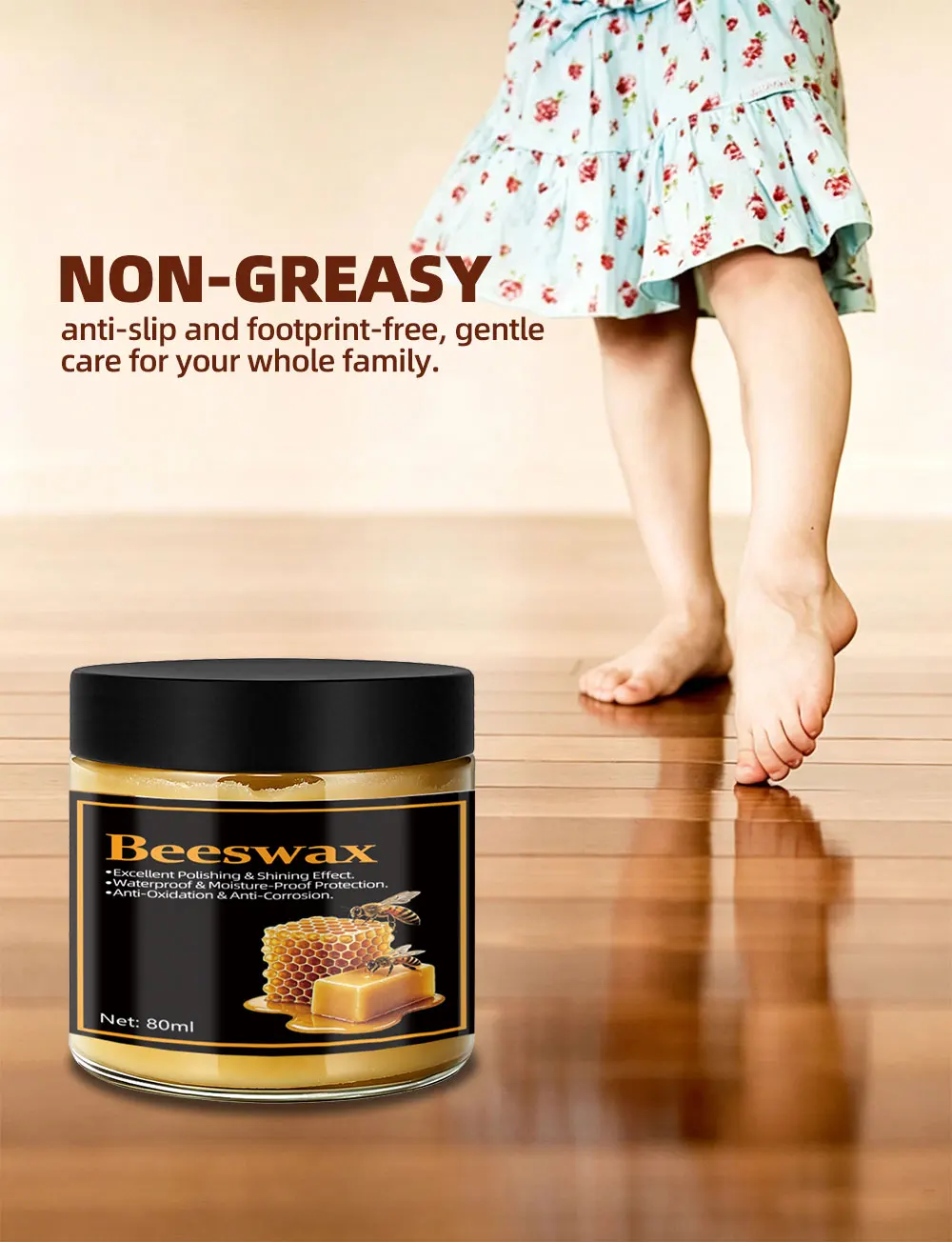 80ml natural beeswax with sponge, unscented type for furniture, floor, etc., essential wooden care for home, simple packaging