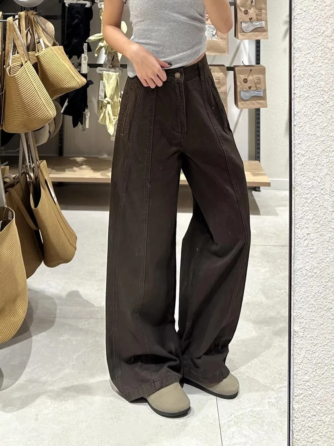 Retro Coffee Color Wide Leg Jeans Women's High Waist Loose Straight Cut Trousers Fashionable plus Size Casual Pants