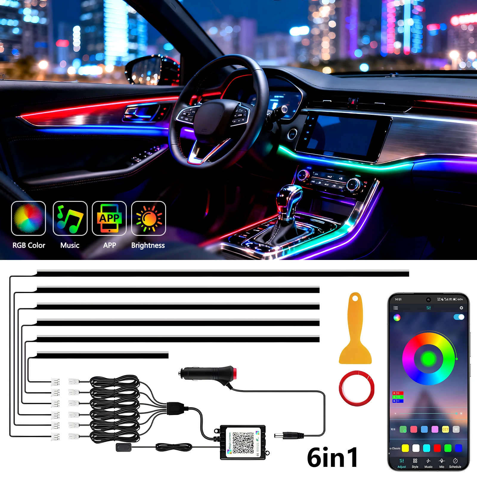 6-in-1 LED Auto-Innenraum-Ambientebeleuchtung Fußraum-Dekorationslampen 12V RGB Atmosphärenlampen-Set mit APP-Steuerung Innenraumbeleuchtung