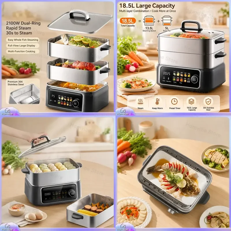 

Electric Steamer 3 Layer Stainless Steel Food Steamer for Cooking Stewing Vegetables Rice Fish Chicken Healthy