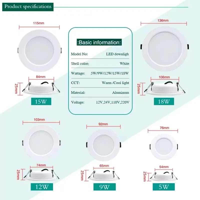 Dimmable LED recessed light 5W 9W 12W 15W 18W 220V embedded spotlight ring, indoor lighting