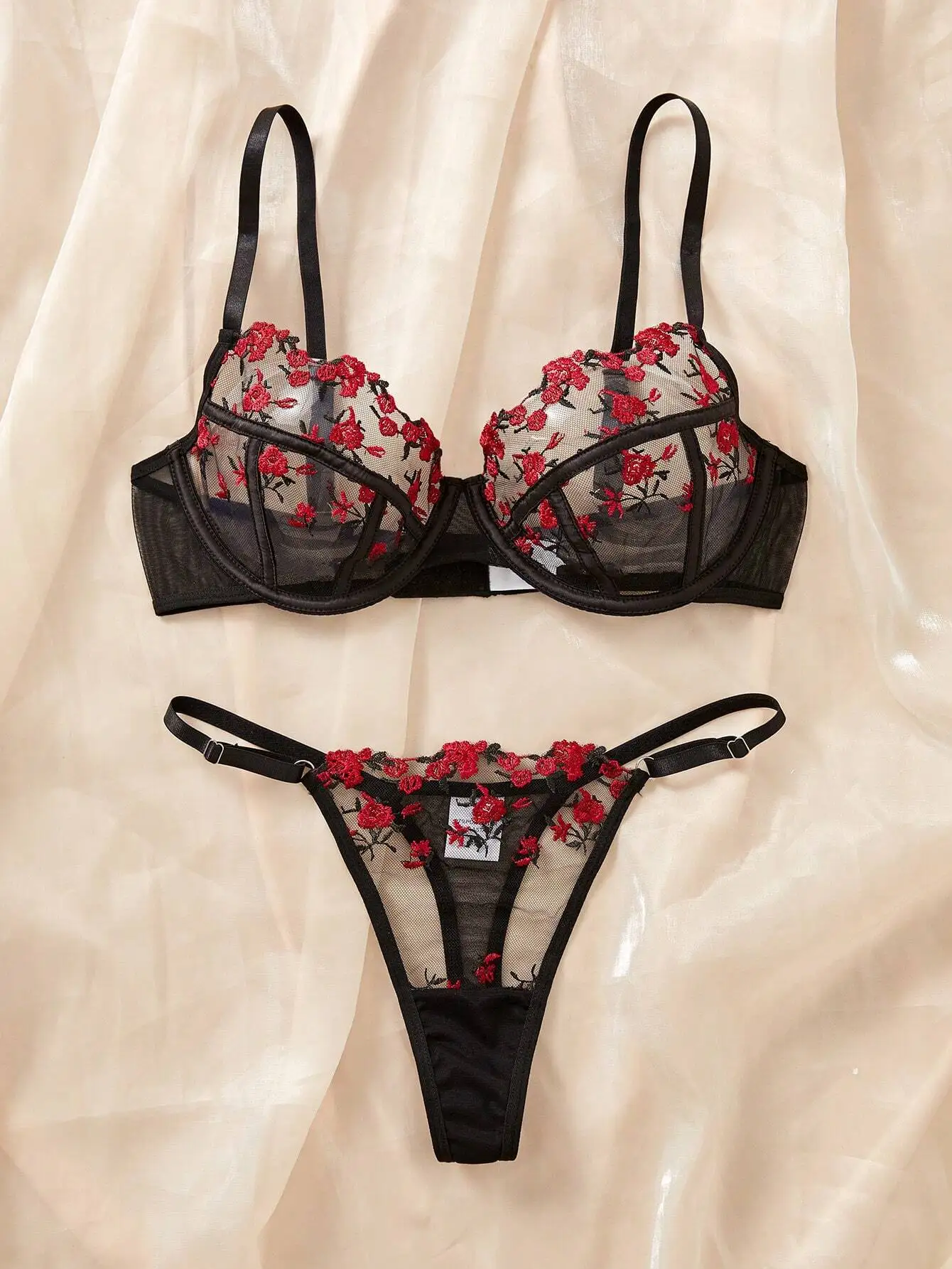

Black & Red Floral Embroidered Mesh Lingerie Set - Bra and Thong