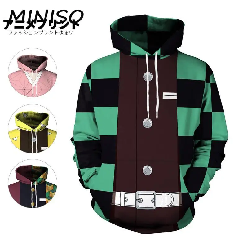 

Demon Slaye Cosplay Hoodie For Men Tanjirou Nezuko Graphic Hood Sweatshirt Tomioka Giyuu with Pocket Pullover Male Women Clothes