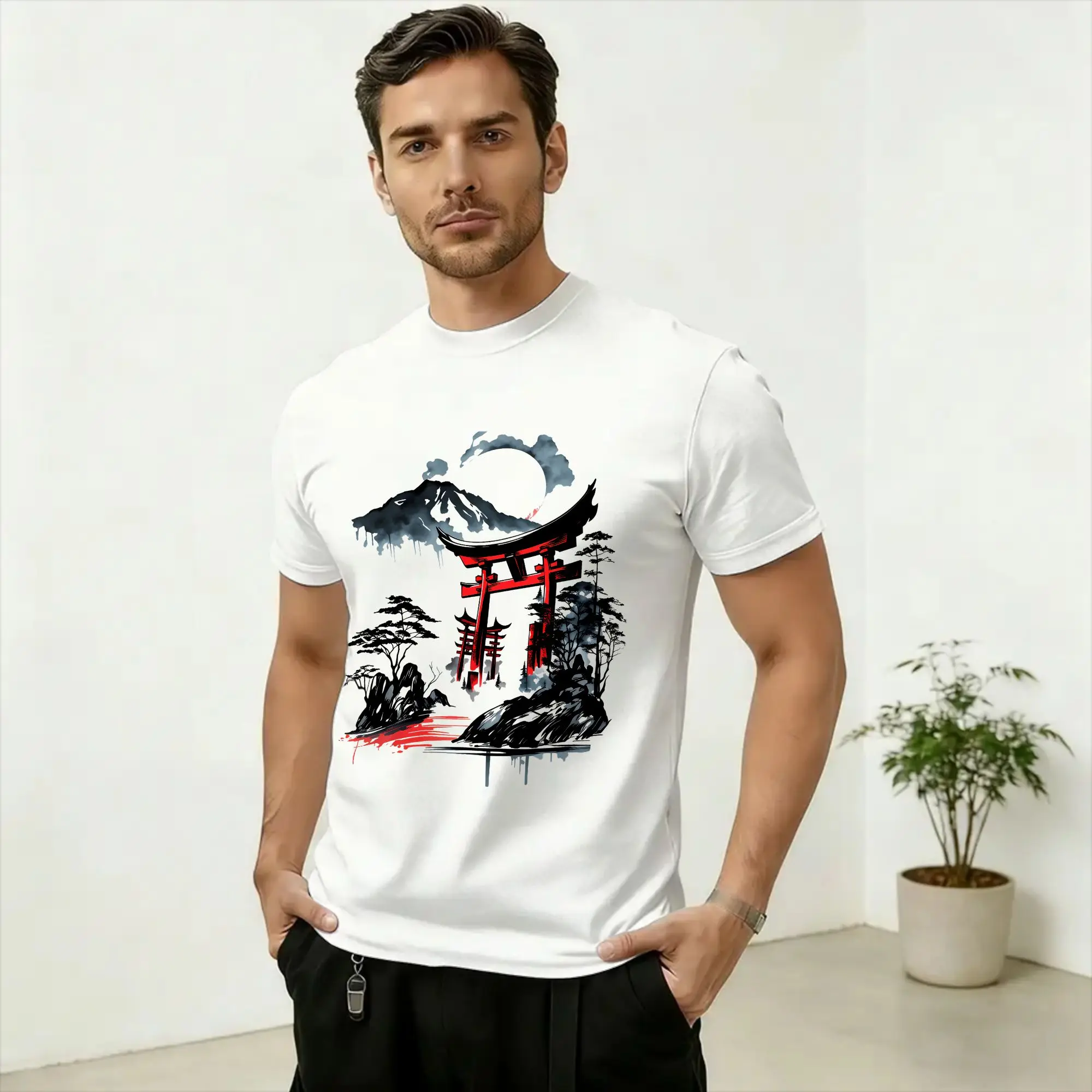 Japanese Ukiyoe Torii Gate&Fuji Mountain Print T-Shirt Summer Cotton T-Shirts Men Trendy Cool Tshirt Short Sleeve Vintage Tops