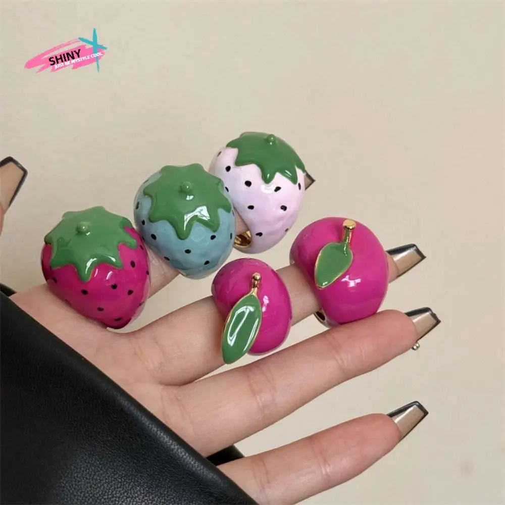 

Vintage Strawberry Drip Oil Ring Geometric Korean Style Painting Ring Alloy Jewelry Accessories Fruit Enamel Ring Decoration