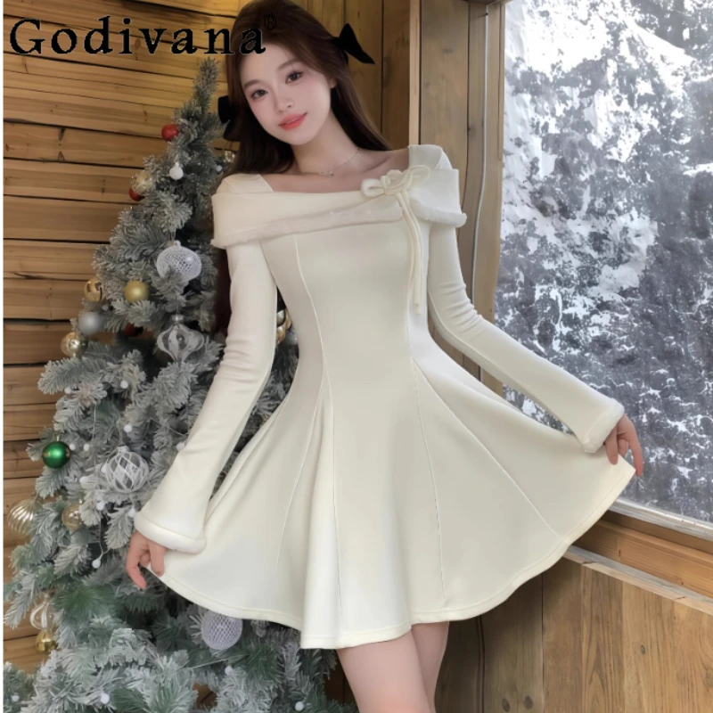 

Autumn Winter Large Size French Elegant White Princess Long Sleeve Dress Girl Slash Neck High Waist Big Swing Christmas Dresses