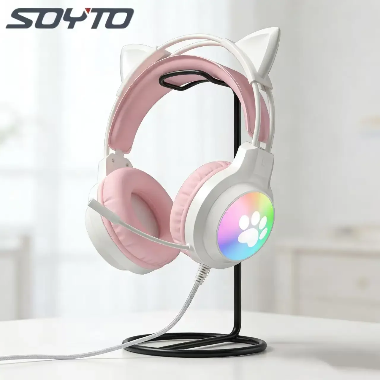 Fones de Ouvido com Fio SOYTO com Orelhas de Gato, Headset Gamer com Luzes LED RGB, Fones de Ouvido Estéreo 3D com Graves Profundos e Microfone para PC, Laptop, Meninas