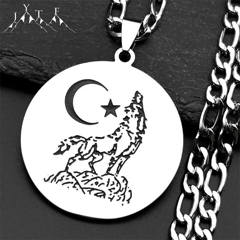

Turkish Wolf Moon Star Stainless Steel Round Pendant Necklace for Women Men Silver Color Islamic Chain Necklace Amulet Jewelry