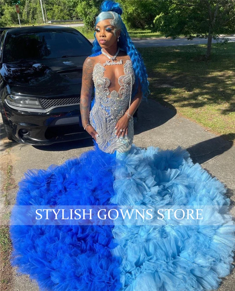 Blue O Neck Long Prom Dress For Black Girls Beaded Crystal Tassel Birthday Party Dresses Ruffles Evening Gowns Gown Customized