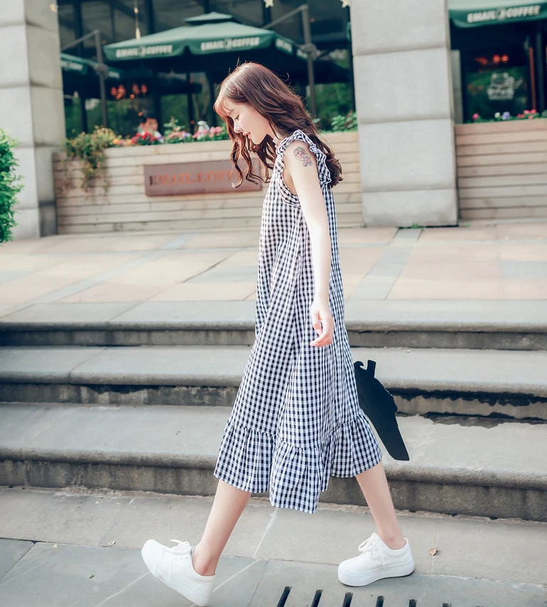 

Cleverly Designed Plaid Dress Student Fashion Summer 150 Small Stature Lace Trimmed Skirt Loose Waist Korean Style Commute