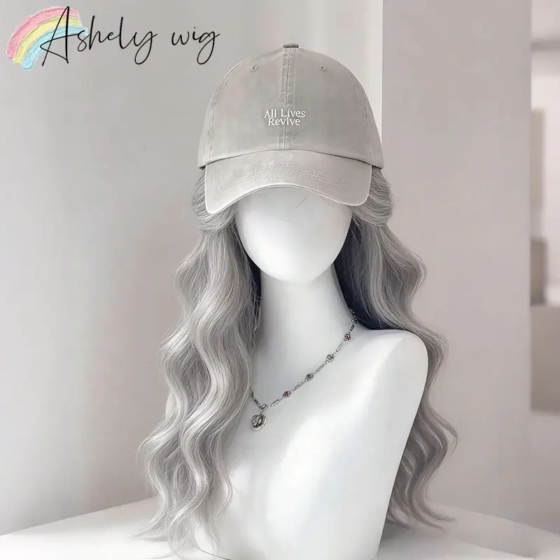 Grey Silver Long Wavy Hat Wig All‑in‑One Baseball Cap with Attached Hair Synthetic Wig Hat with Hair Wig Easy Wear Daily Party