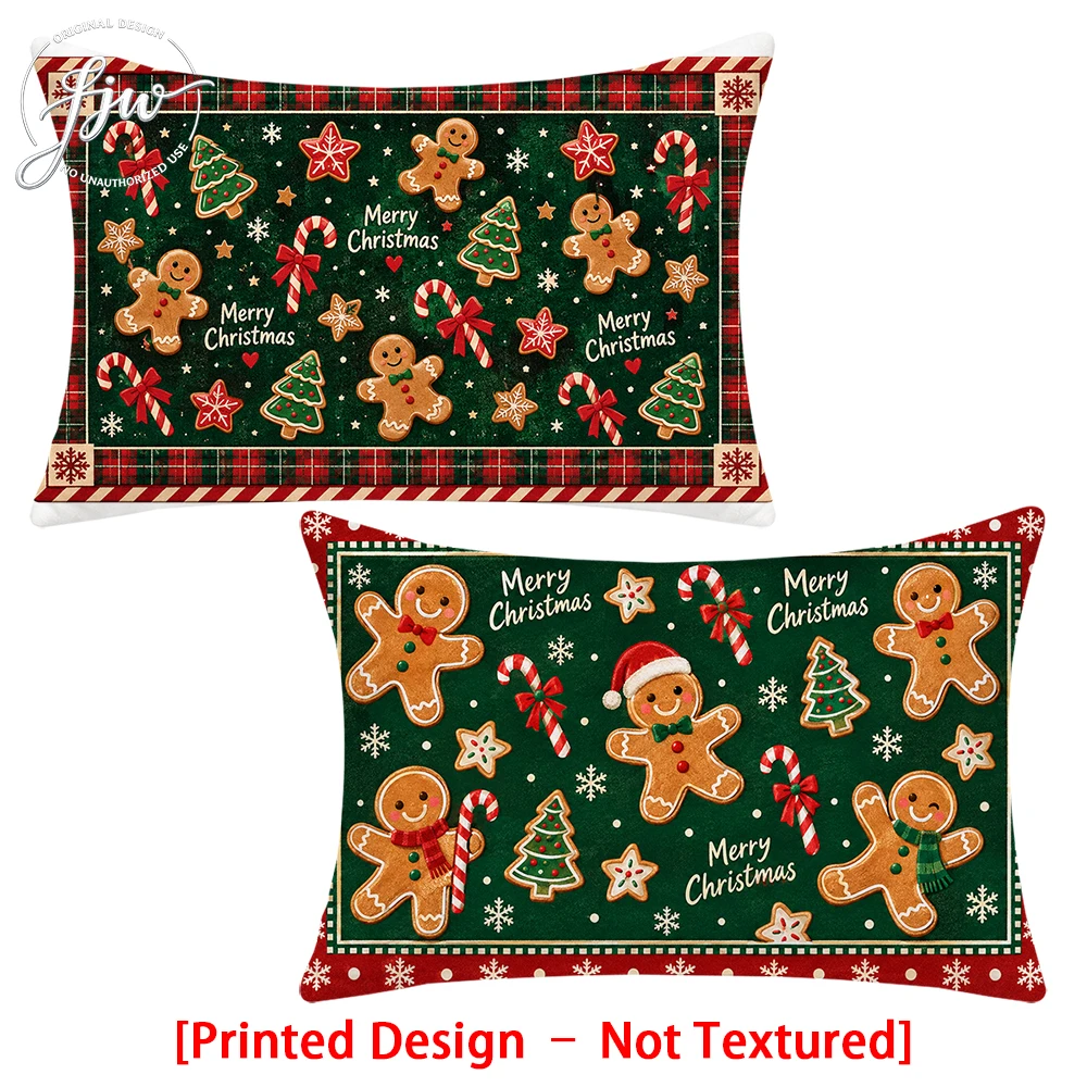 2pc Christmas Gingerbread Man Throw Pillow Covers Retro Xmas Tree Candy Cane Decorative Lumbar Pillow Cases for Sofa Couch