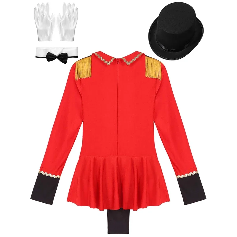 RT01 Damen Circus Ringmaster Halloween-Kostüm-Set, langärmelig, Revers, Fransen, Schulter-Body mit Hut, Schleife, Kragen, Handschuhe für & Gf1