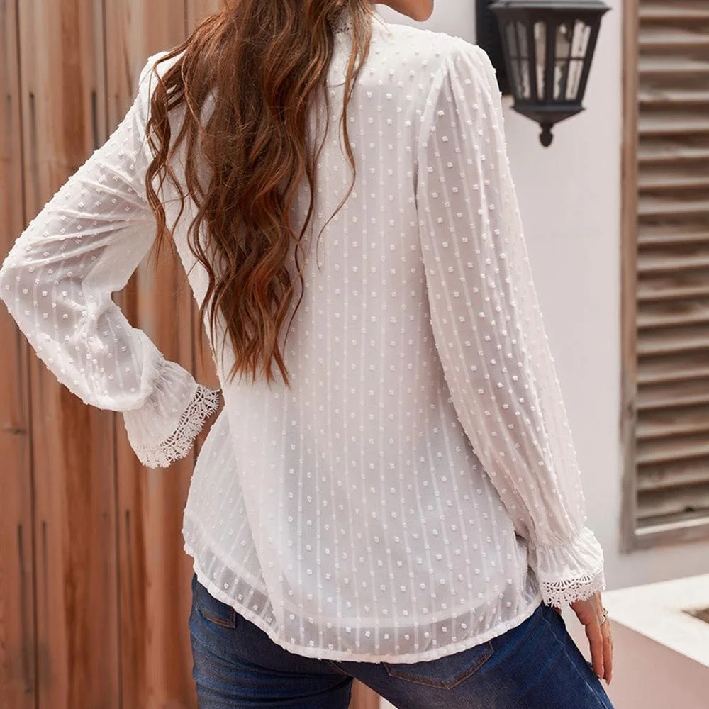 

Women's Sweet Sle Embroidered Lace irt Loose Fit Long Sve Polyester Fiber Casual Ele Fem Top