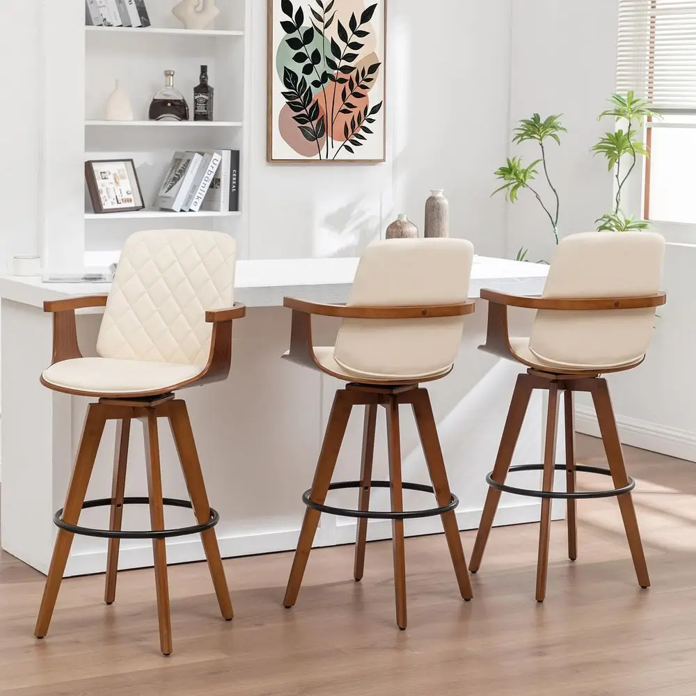 

Bar Stools Set of 3 29.1 inch Mid Century Bar Stools with Walnut Craftsmanship, Curved Back and Arms, holstered Seat, Kitchen