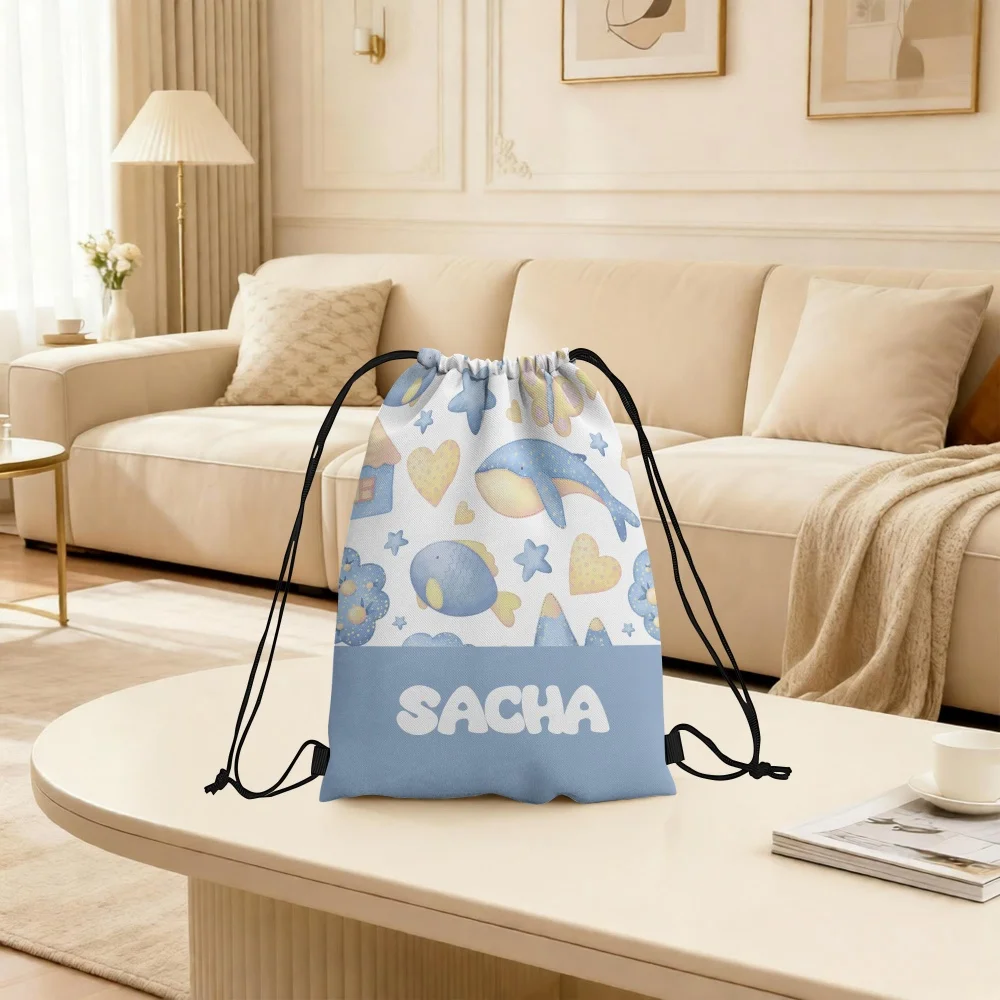 1Pc Custom Name/Text Drawstring Bag, Ocean Animal Pattern Storage Pouch, Lightweight Sports Backpack, Ideal for Beach Outings