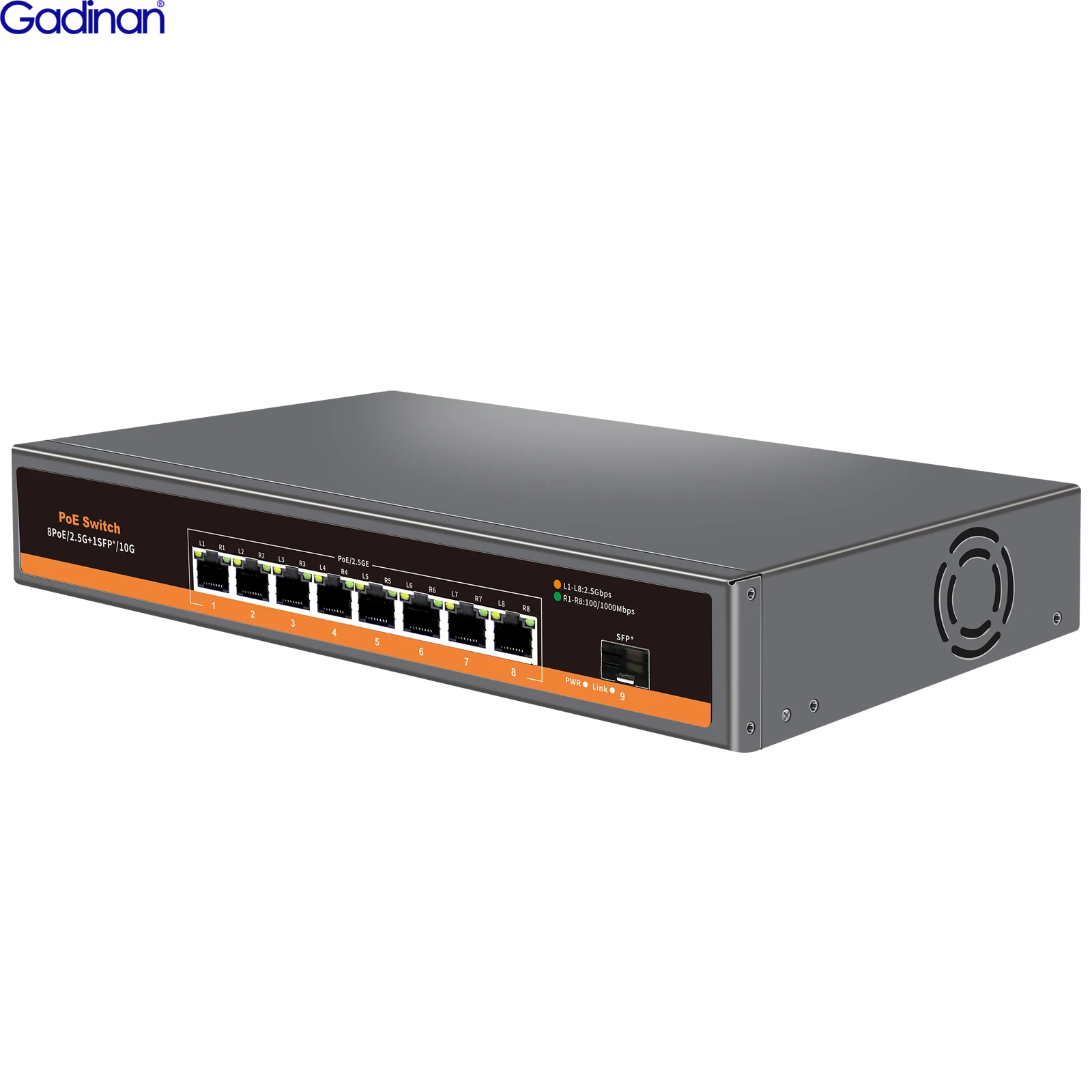 gadinan poe switch para camera poe sfp rede metal switcher telefone voip vigilancia poe port base t 1x10g 25g 120w 01