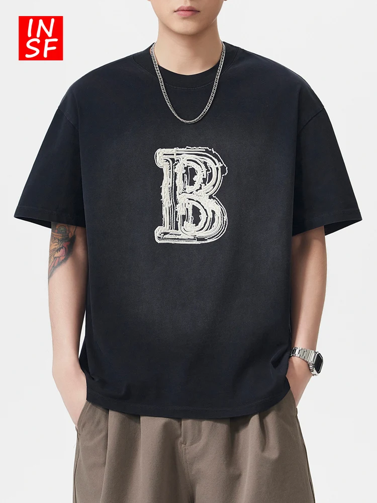 

Мужская футболка American Style из чистого хлопка, с коротким рукавом, трендовая, градиентная, свободного кроя, повседневная, весенняя новинка, с круглым вырезом, плотная.