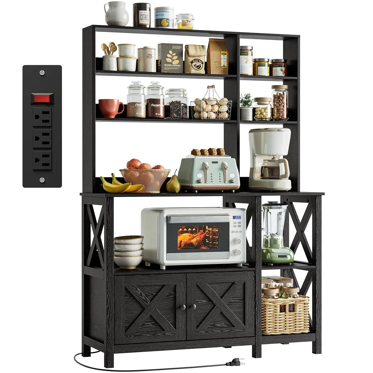 

Bakers Rack with Power Outlet, 45in Wide Coffee Bar Cabinet with Storage, 6-Tier Kitchen Storage with Doors, Customized