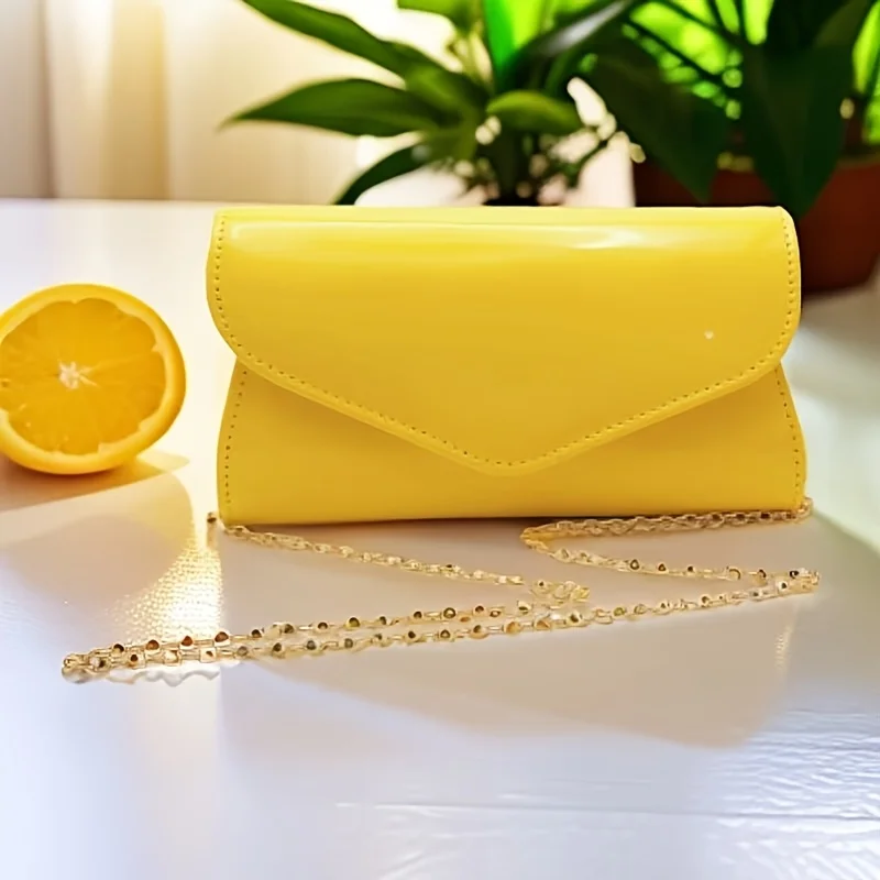 Bright Yellow PU Envelope Clutch for Parties, Weddings, and Formal Events, Detachable Shoulder Strap, Magnetic Closure