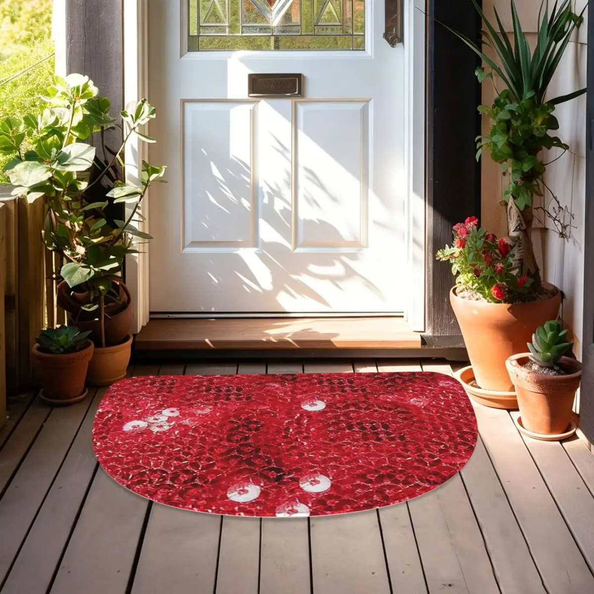 Festive Red (Sequins ) Soft Flannel Half Round Doormat Non Slip Bathroom Mat Absorbent Floor Carpet for Laundry Room Bathroom