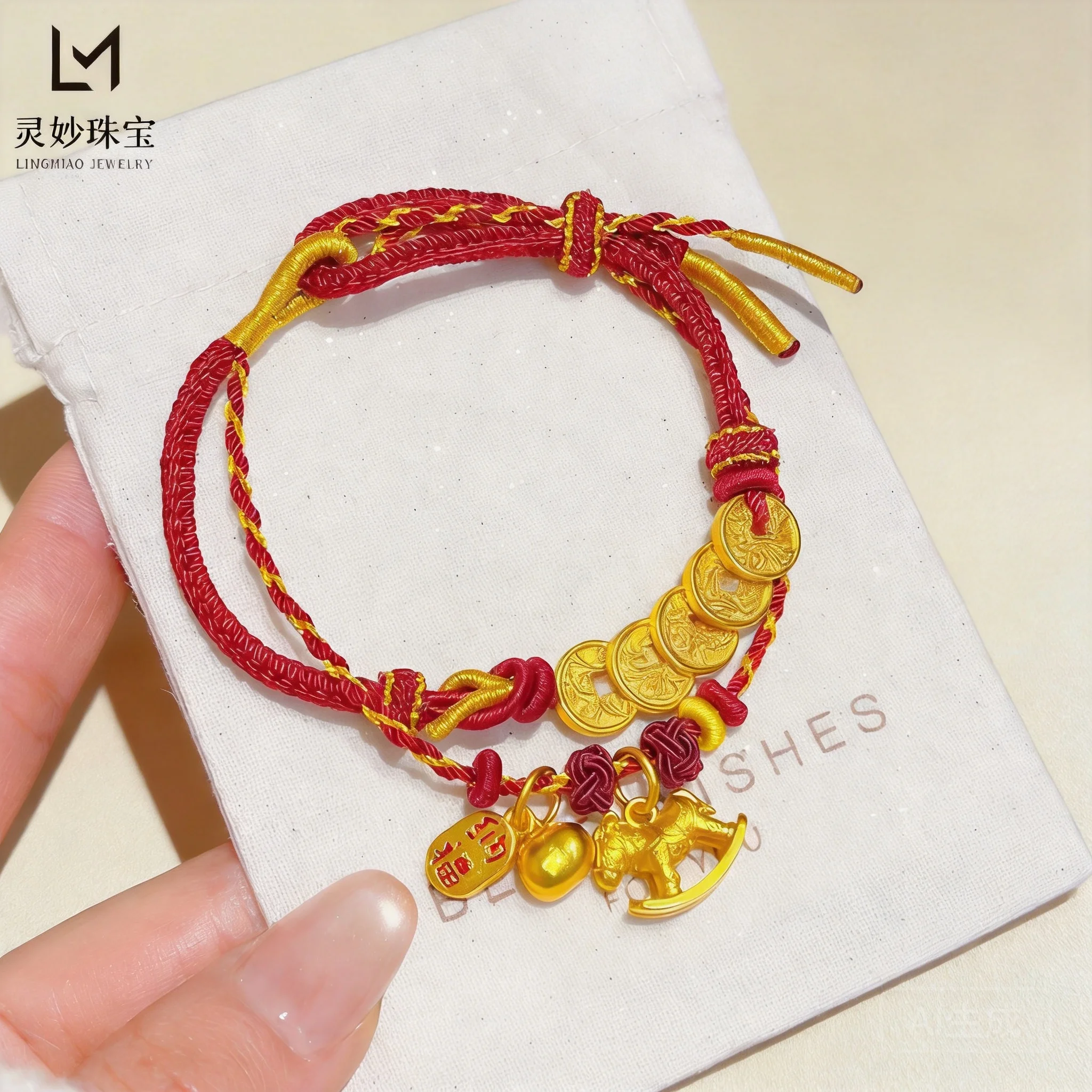 24k Gold Plated Chinese Style Double Layer Red Rope Bracelet Lucky Persimmon Rocking Horse Fu Charm Blessing Wealth Good Luck