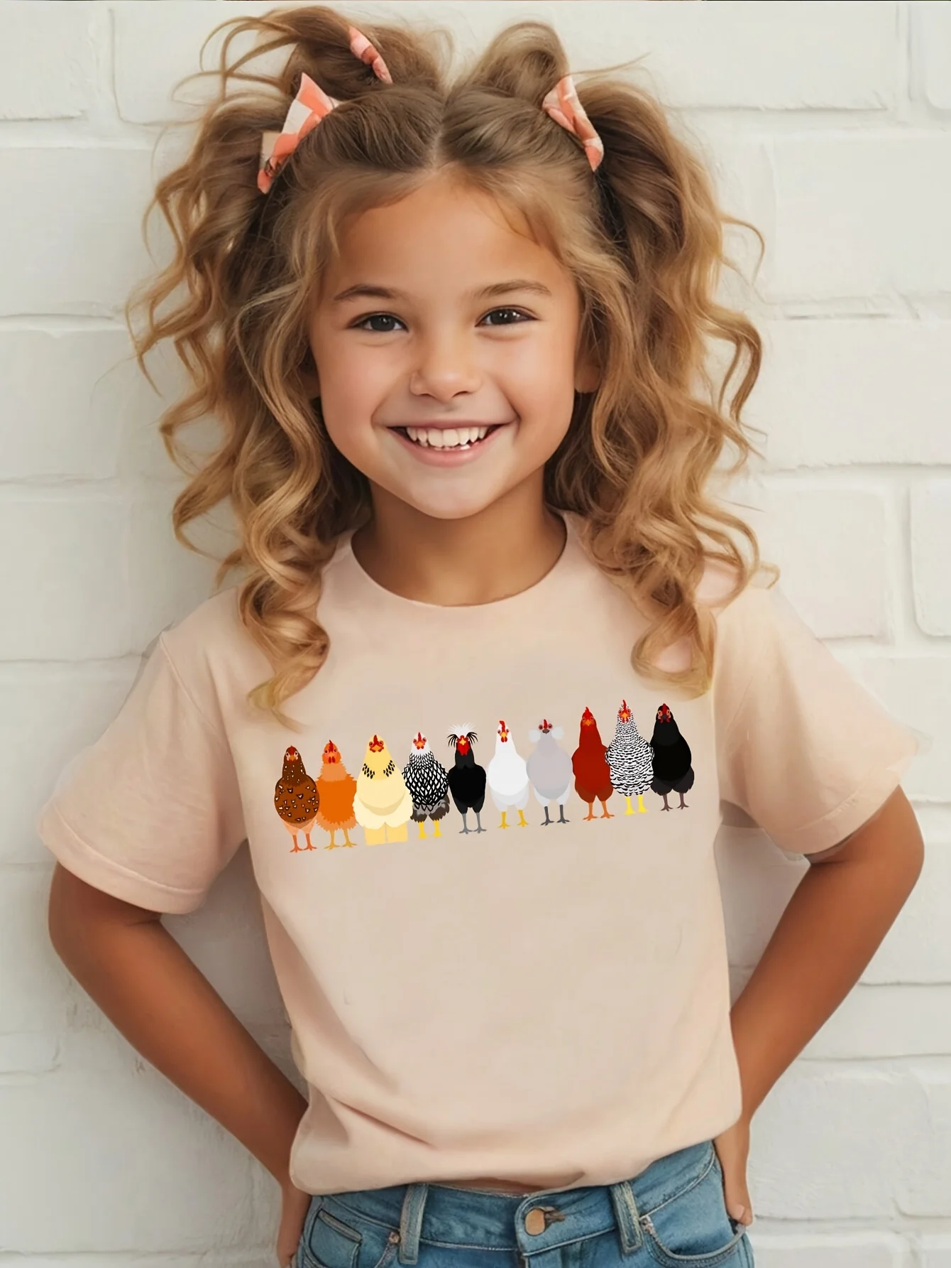 Chicfull Girls T-Shirt Cute Rooster Print Round Neck Short Sleeve Soft Polyester Machine Washable Tee Thanksgiving Daily Wear