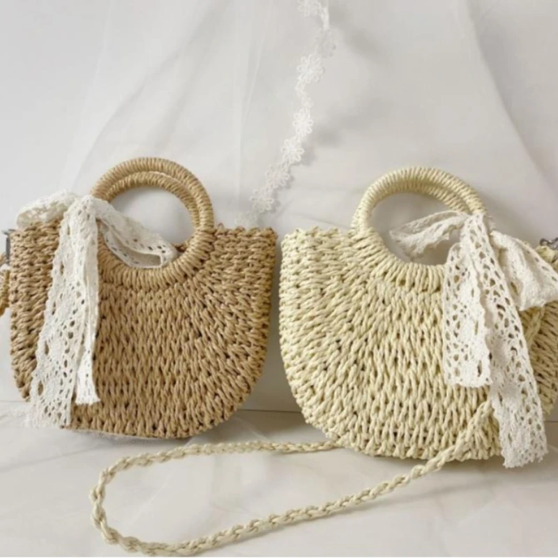 Handmade Half-Round Rattan Woven Straw Bag Summer Women Messenger Crossbody Bags Girls Small Beach Handbag New