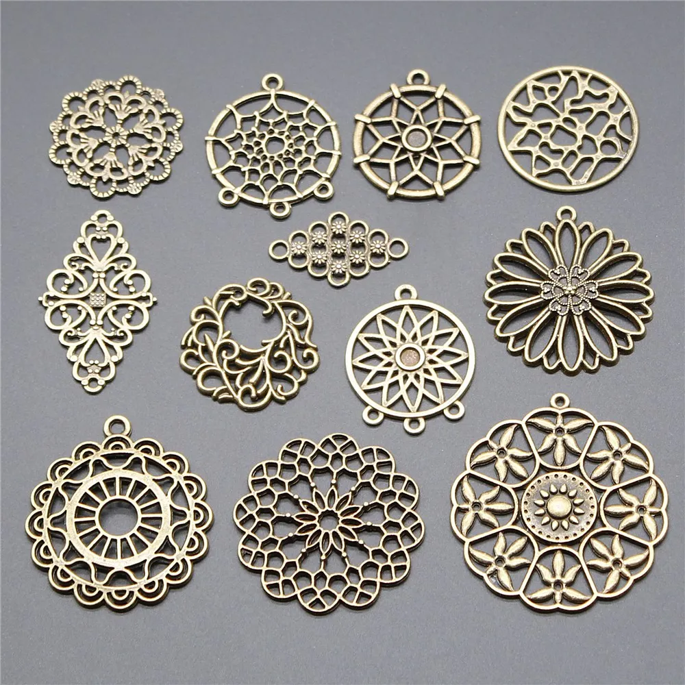 6pcs Charms Collection Flower Motif Dreamcatcher Connector Antique Bronze Color Pendant Charms Jewelry Accessories