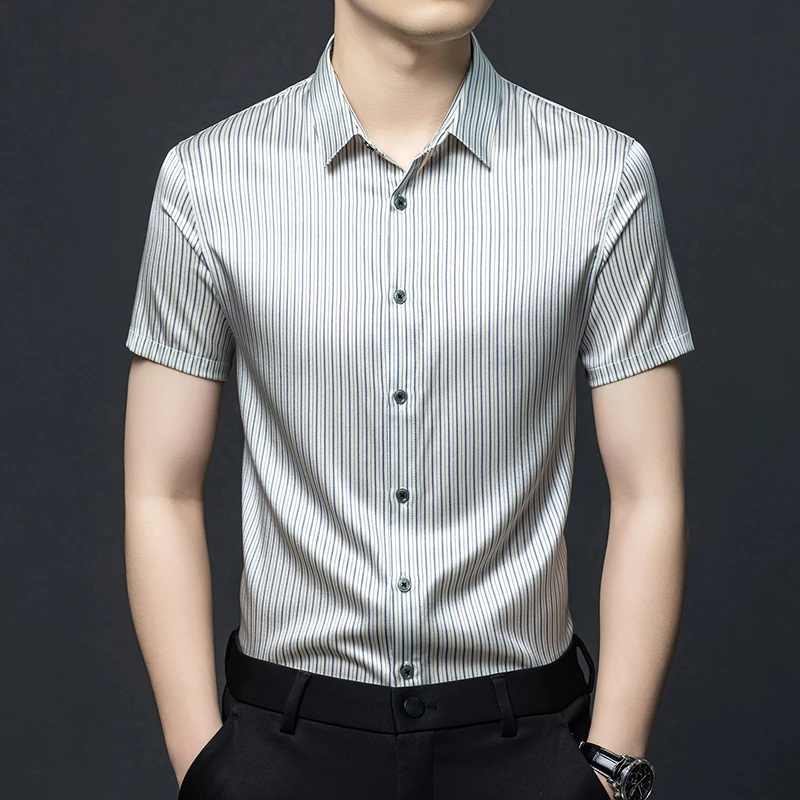 

HT2502 Роскошные мужские рубашки из шелка (90,8%), с коротким рукавом, в полоску, летние, высокого качества, гладкие, комфортные, прохладные, Camisas De Hombre